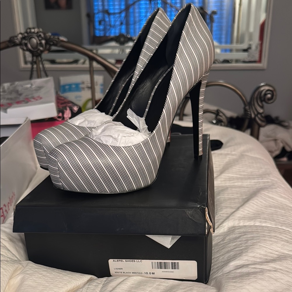 Elegant Black and White Striped Heels